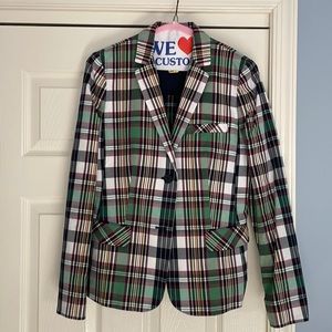 Green, navy, burgundy, white plaid cotton jacket. Red fleece, size 6